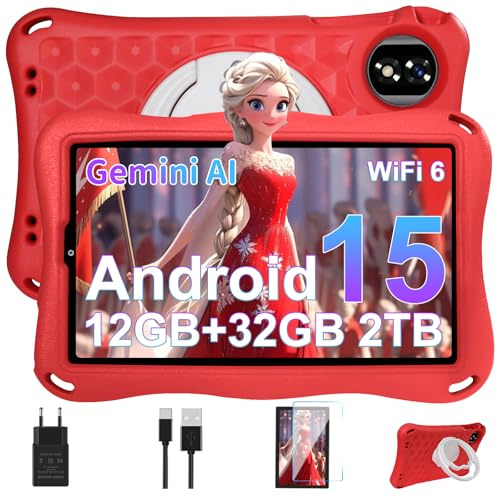 Tablette Enfants 9 Pouces Android 15 GMS,12Go RAM + 32Go ROM(TF 1 To), Octa-Core, Gemini AI Tablette Tactile, 5G WiFi 6, Widevine L1, 5000mAh,BT 5.0,Contrôle Parental Tablette avec EVA Cas-Rouge