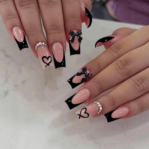24PCS Black Bow Tie Press On Nails with 3D Bow for Women – French Tip Fake Short Square Stick On Nails – Elegant ABS Material Design for Summer Art, Trendy, and Long-lasting Manicure