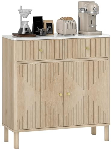 HOMCOM Buffet Salon Plateau Effet Marbre Cannelé 77 x 30 x 80 cm Chêne