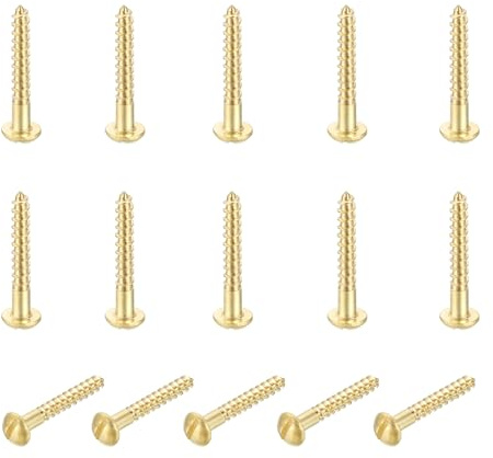 sourcing map 15 Pcs Brass Screws, M3 x 20mm Solid Slotted Round Head Self-Tapping Wood Screw Fasteners for Woodworking Furniture Repair Photo Frame Drywall Home Appliances, Gold