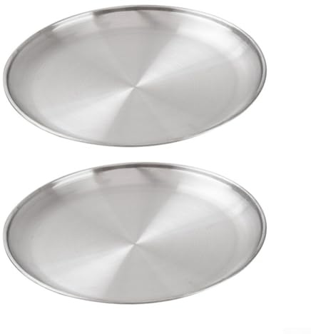 Honseadek Stainless Steel Camping Plates Set of 2 Durable Round Outdoor Tableware for Hiking Picnics Bbq and Travel Stackable Metal Dishware I (23x16cm)