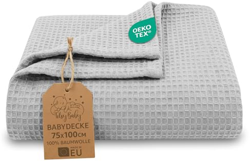 Waffeldecke Baby Ganzjahresdecke Babydecke 75x100 cm - Kinder Baumwoll Waffelpiqué atmungsaktiv leichte Übergangsdecke Decke – Kinderwagendecke Tagesdecke Neugeborene Oeko-Tex Grau