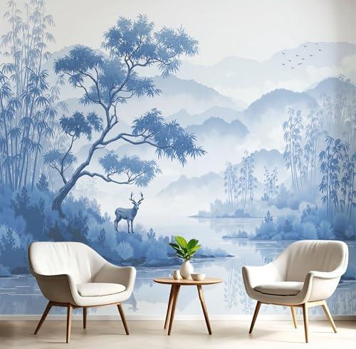 Carta Da Parati Fotografica Pittura Inchiostro Foresta Bambù, Nebbia Diffusa Montagne Poster Giganti Da Parete, Fotomurale 350× 256cm Non Tessuto Murale, Blu Decorazione Da Muro Per Soggiorno