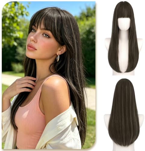 Sofeiyan Perücke Damen, 60 cm Lange Glatte Perücken mit Pony | Geschichtet Elegante Perücke,Natürliches Synthetische Perücke für Täglichen Party Cosplay Feiertage,Dunkelbraun Weiß Strähnen