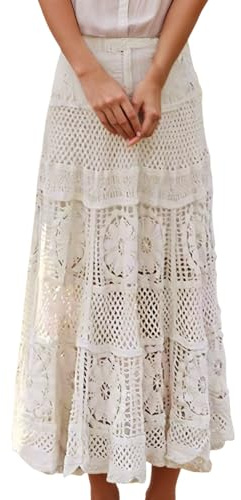 Jupe en tulle pour femme - Jupe maxi western avec dentelle florale - Tricot au crochet - Style bohème - Ligne A - Œillets - Style hippie - Jupe longue fluide