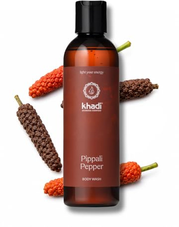 khadi PIPPALI PEPPER gel de ducha Ayurvédico – Cosméticos naturales 100% certificados – Limpia y cuida intensamente – Vitalizante y activador – Pimienta, cardamomo, clavo y nuez moscada – 200 ml