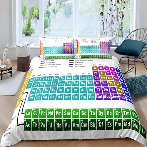 LLSZAHD Parure de Lit 90x190 cm Enfant Campus Scientifique, Housse de Couette Tableau Périodique des Éléments 3 Pièces Doux Microfibre Literie avec Fermeture Éclair et 2 Taies d'oreiller 65x65 cm