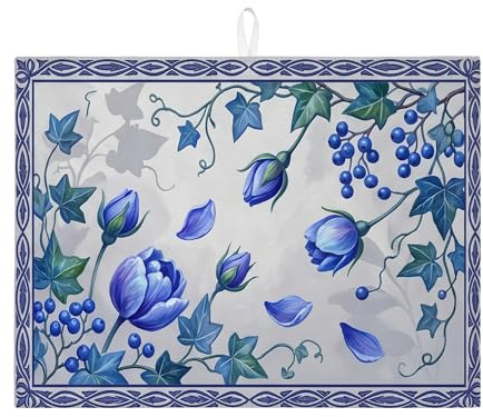 Tapetes de secado de platos florales azules para encimera de cocina, tapete escurridor de platos absorbente con patrón de hiedra, almohadilla de secado de microfibra de primavera para protector de