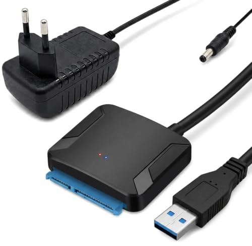 Cable SATA a USB 3.0 para SSD y HDD 2.5 y 3.5 con Fuente 12V 2A | Adaptador SATA a USB con Alimentación,Cable Lector Disco Duro Externo y Interno 5Gbps UASP,para Windows Mac Linux