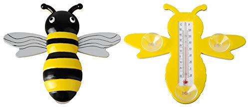 3 Stück Esschert Design Fensterthermometer, Temperaturmesser Motiv Biene mit Saugnapf, von Innen ablesbar, ca. 22 cm x 20 cm