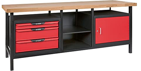KS TOOLS - 865.0210 - Etabli Professionnel d'atelier 1 Porte et 3 tiroirs, 2 m - Plateau Bois - Adapté pour modules d'outils - Verrouillage à Serrure - Charge Max. 400 kg - Pratique et Fonctionnel