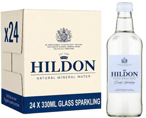 Hildon Natural Mineral Water, Gently Sparkling, 24 x 330ml Glass Bottles | Sourced from Natural Aquifer on Chalk Valley Estate, Low Sodium, Naturally Alkaline, Kings Royal Warrant