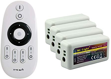LIGHTEU®, kit di controllo remoto Miboxer: confezione da 4 controller dimmer monocolore con 1 telecomando RF wireless a 4 zone 4x fut036 + fut007