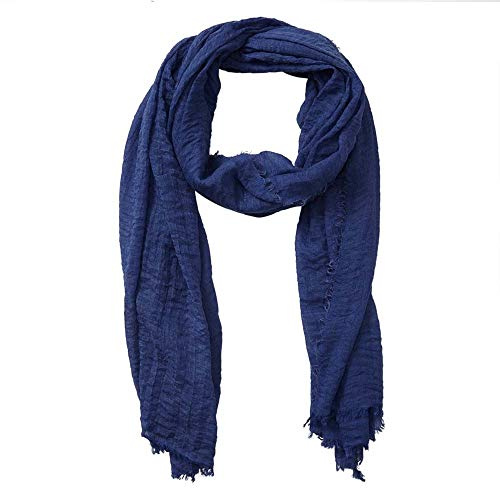 XRDSS Écharpe d'été en coton mélangé froissé avec bords frangés 89 x 177 cm - bleu foncé - taille unique