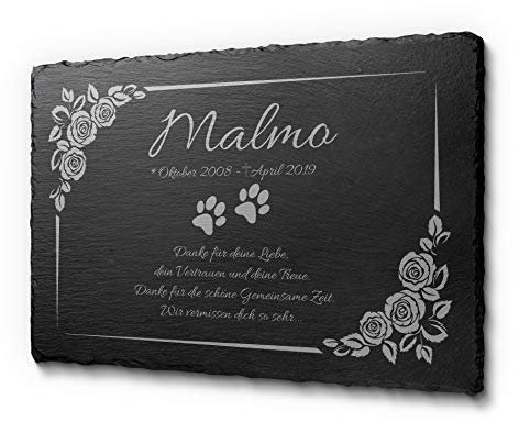 Premium Gedenkstein für Hunde & Katzen aus Schiefer mit Gravur / Foto | Gedenktafel Hund mit Bilder schönen Motiven und Rosenrahmen | ideal als Grabplatte für ein Urnengrab von Tieren | 30x20 cm