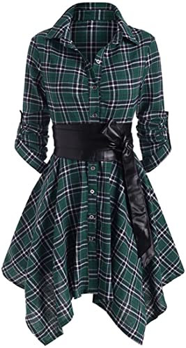 OLIPHEE Vestito a Quadri con Cintura in Pelle Sintetico Camicia Lunga Casuale per Ragazze e Donna L Verde