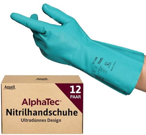 Ansell Alphatec 37-300 Latexfria Kemikaliebeständiga Arbetshandskar För Dam Och Herr, Livsmedelstillverkning, Hushållsstädning, Tunn Nitril För Precis Hantering Och Bra Grepp, Gröna, 2XL (12 Par)