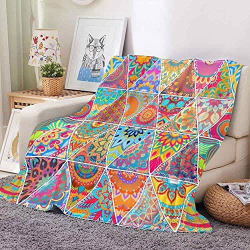 Treer-shop Mandala Plaid Couverture Polaire en Flanelle, Treer Couverture de Canapé Jeté de Lit Imprimé Couverture de Voyage Douce et Chaude pour Adultes et Enfants (Patchwork,130x100cm)