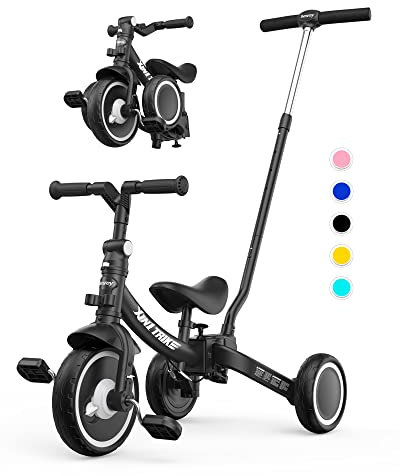 besrey 5 in 1 Kleinkind-Dreirad mit Lenkschiebegriff für 1-5 Jahre, faltbares Laufräder, Kleinkind-Fahrrad mit Radkupplung, größere Räder, abnehmbare Pedale, höhenverstellbarer Sitz, Schwarz