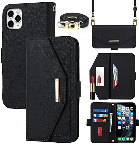 CAVOR Handykette Handyhülle kompatibel mit iPhone 11 Pro Hülle Mit Band,Flip Leder Geldbörse Handyhülle,[Spiegel][5 Kartenfach][Magnetisch],Klapphülle Handytasche zum umhängen - Schwarz
