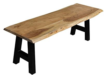 SAM Esszimmerbank 120x42 cm Quintus, Akazienholz massiv & naturfarben, echte Baumkante, Baumkantenbank mit A-Gestell Schwarz, Sitzbank mit 26 mm Platte