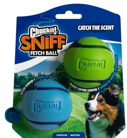 Chuckit! - Sniff Fetch Ball Duo - 2 Hunde-Trackingbälle - 2 Bälle mit Speck- und Erdnussbutterduft - Robuster Ball mit dickem Kern - Größe: Medium - Durchmesser: 6,5 cm