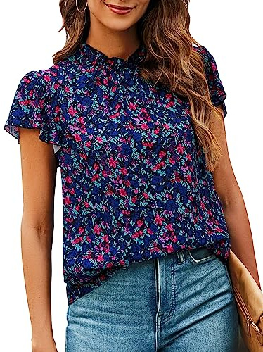 Summer Casual High Neck Ruffle Trim Chiffon Blouses for Women Short Sleeve Boho Tops Beachy Clothing Navy Blue L