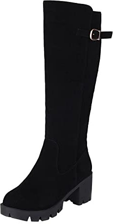 Schmaler Schaft Schwarz Kinder Absatzschuhe und Freizeit kniehohe Stiefel Reißverschluss hohe Stiefel mit dicken Absätzen Freizeitschuhe Für Damen Gefüttert Altenpflege Schuhe Damen (Black, 39)