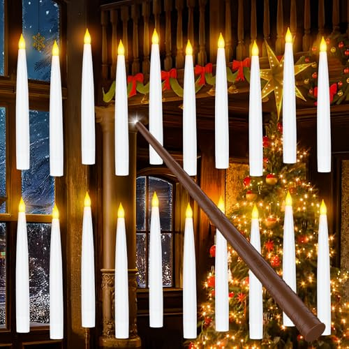 Tyreses 20 Stück LED Kerze mit Zauberstab Fernbedienung, Halloween Deko Flackernde Schwimmende Kerzen Flammenlose Batteriebetriebene Kerze, Hängende Kegelkerze für Halloween Weihnachten Dekoration