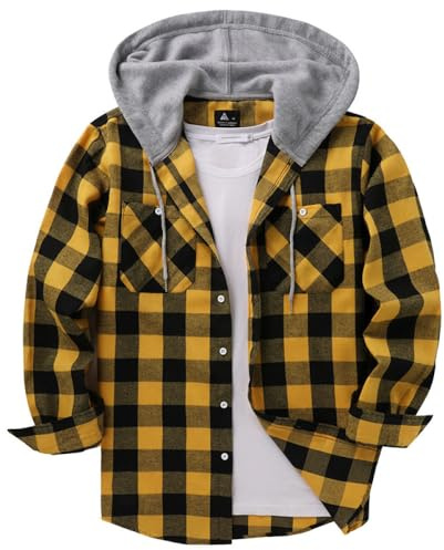 Chemise À Carreaux en Flanelle pour Hommes Veste À Capuche À Manches Longues Et À Carreaux Chemises Boutonnées De Bûcheron d'hiver avec 2 Poches Poitrine Coupe Décontractée M-3Xl Jaune XL