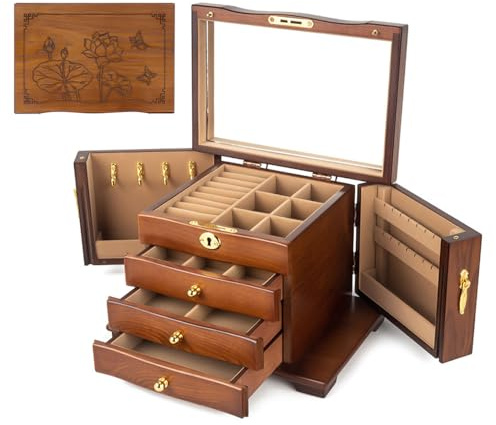 hzexun Joyero de madera para mujer, organizador de madera maciza con cerradura combinada para joyas, collares, anillos, caja de almacenamiento de estilo vintage con espejo