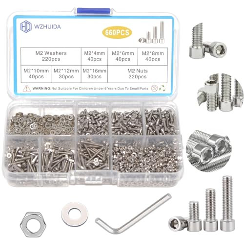 WZHUIDA 660 Stück M2 Schrauben Muttern und Unterlegscheiben Sortiment Kit, Edelstahl Sechskantschrauben, Innensechskant Schrauben Set, Sechskopf-Knopf Schrauben Muttern mit Schraubenschlüssel