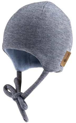 Sterntaler Beanie Mütze in Melange Optik mit dezentem Streifen - Neugeborenenmütze mit angeschnittenen Ohrenklappen und Bindeband - Unisex Babymütze, gefüttert mit Baummwollfleece - Marine, 45