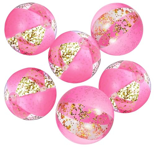 6 Pcs 12 Inch Inflatable Glitter Beach Ball Swimming Pool Party Balls Large Pink Beach Sand Balls Confetti Pools Ball Decorations for Summer Pool Party Supplies