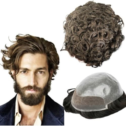 Toupet für Männer, Echthaar-Perücken, Herren-Toupet mit weichen, PU+feinen Schweizer Spitzenhaareinheiten, 10 mm gewelltes Herren-Perücke-Toupet-Haar,10 x 8 (#4 Hellbraun)
