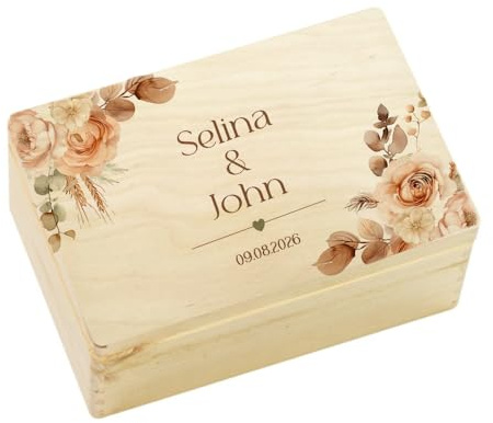 Manufaktur Liebevoll Erinnerungsbox Hochzeit Erinnerungskiste Geschenkbox Hochzeit Schatztruhe Hochzeitskiste für Brautpaar Holzkiste mit Gravur personalisiert Hochzeitsgeschenk (Rosen, M)