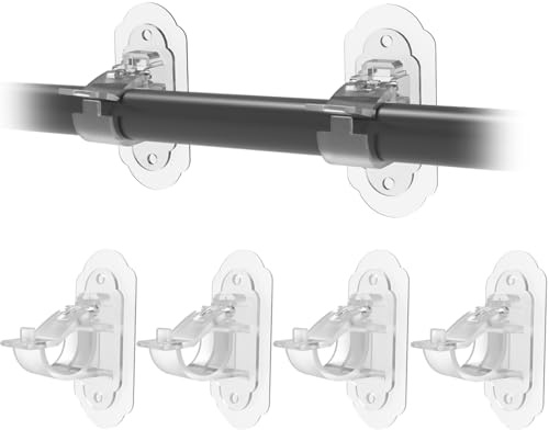 KEAMIMU No Drill Curtain Rod Brackets， No Drill Needed Curtain Rod Holders, Adhesive Curtain Rod Holder，Multipurpose Nail Free Stick on Curtain Rod Hooks Self Adhesive Rod Holder Hooks（Clear 4Pcs）