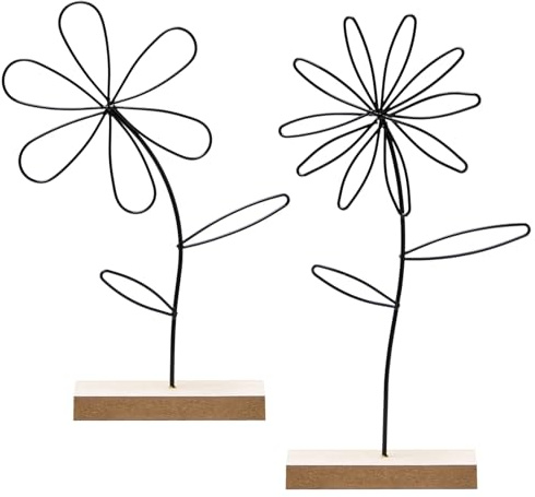 Neikafan 2er Set Deko Aufsteller Blume Metall auf Holz Sockel 24cm Metall Blumen Deko Schwarz Deko für Tischdeko Frühling Wohndeko Wohnzimmer Modern Stehend Blumen Deko zum Hinstellen und Verschenken
