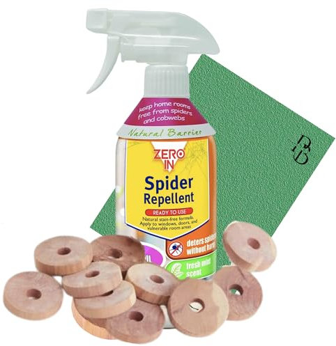 Spider Repellent Pest Control Kit with Zero in Peppermint Oil Spray and Anti Spider Wardrobe Fresheners – Spider Deterrent Bundle Includes: 1x Zero in Spray & 10 Cedar Wood Rings.