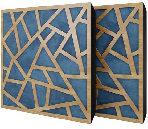 2er-Pack – Akustikpaneel mit Samtstoff und Befestigungsset | 50x50x5cm | Schallabsorption-Diffusion-Reflexion-Schalldämmung | Akustikbehandlung für zu Hause [SKYROSS - Eiche | Blau]
