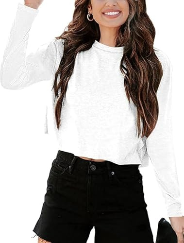 Imily Bela Maglietta a maniche lunghe da donna Cropped T Shirts Casual Loose Girocollo Crop Tops Oberteile Basic Tees Shirts., bianco, XXL