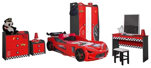 Aileenstore Kinderzimmer Komplett Set Jugendzimmer Kindermöbel 5 teilig mit Autobett Rio (inkl. Wandregal)