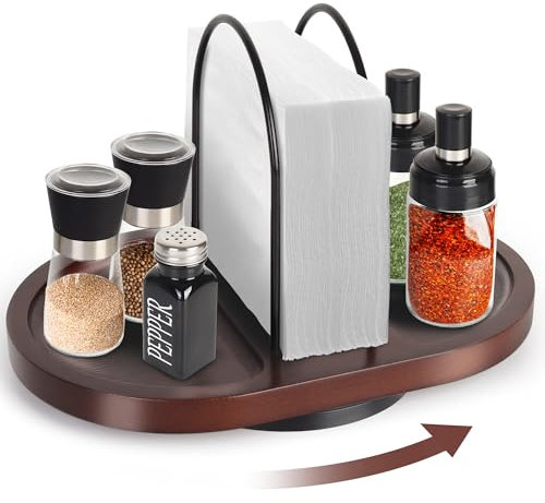 Primo Lines Rotating Napkin Holder for Table with Built-In Space for Salt and Pepper Shakers, Wooden Metal Caddy Rustic Table Organizer with 360 Degree Spin for Kitchen Decor and Accessories (Walnut)