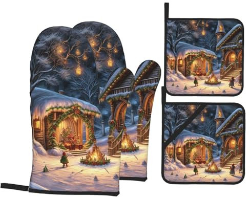 Ofenhandschuhe und Topflappen-Set, hitzebeständig, Küchenhandschuhe, rutschfeste Oberfläche zum Kochen, Backen, Grillen, Grillen