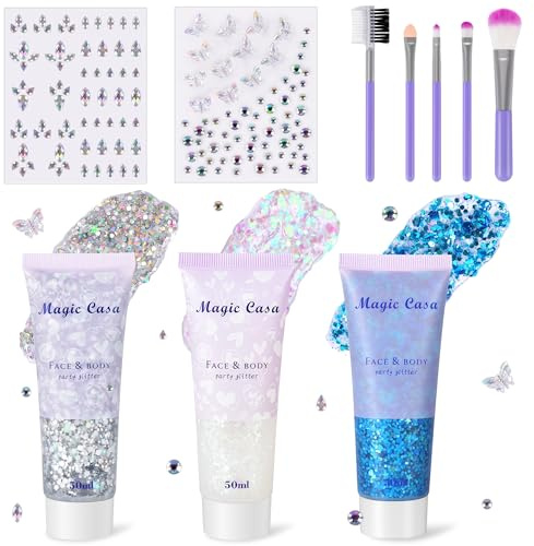 DazSpirit 3 Stück Body Glitter Gel mit 2x Glitzersteine Selbstklebend | Beinhaltet Pinsel, DIY Glitzer Strasssteine Gesicht Festival, Sequins Chunky Glitter Gel und Steine für Make Up