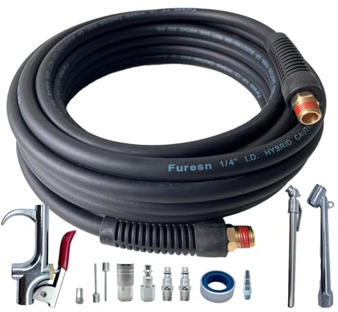 Air Hose 1/4 in x 30 ft, Hybrid Air Compressor Hose Kit with 1/4 in NPT Male Threads, 13 Piece Air Tool & Air Compressor Accessories Kit, Bend Restrictors, 300 PSI (Black, 30FT-13 Pieces)
