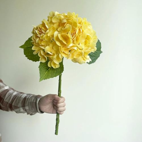 GVEKJ Fleurs d'hortensia artificielles Bleues au Toucher réaliste, Branches d'hortensia artificielles, décoration de Bouquet de Mariage, Arrangement Floral - Hortensia Jaune
