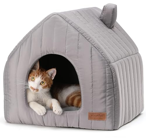 FUKUMARU Katzenbett große Katzen Katzenhöhle-43x43x45cm,Katzenhaus Indoor Mit abnehmbarem Katzenkissen,Haus Modellierung Stil, Katzen Bettchen waschbar, Grau