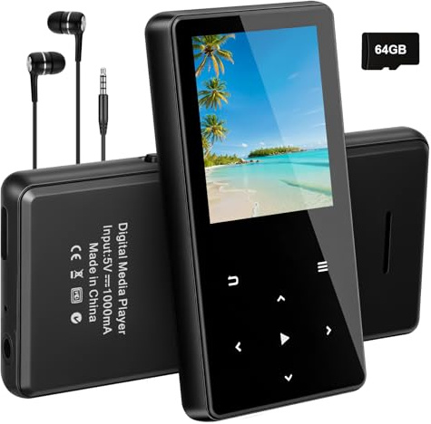 64GB MP3 Player with Bluetooth 5.3, Portable Music Player with HiFi Sound, E-Book, FM Radio, Lightweight Design, Included Earphones and microSD Card