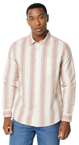 Amazon Essentials Men's Regular-Fit Long Sleeve Linen Blend Shirt, Brick Red Textured Stripe, Large